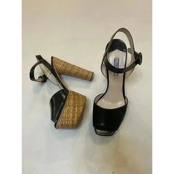Prada Platform Sandals Wicker Black Patent Leather High Heels Pumps EU 40 US 10 - Picture 3 of 16